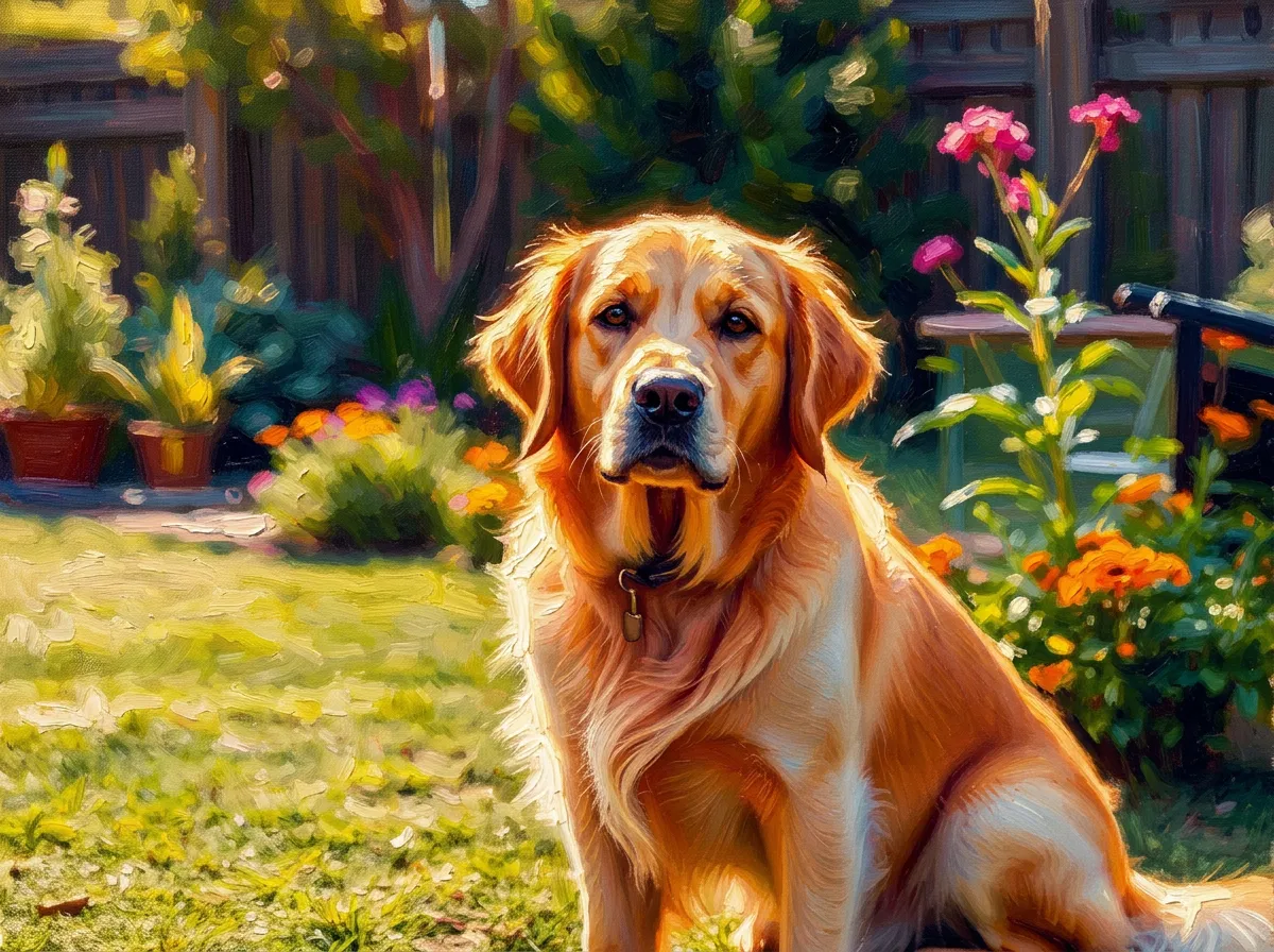 Golden retriever in garden – painting