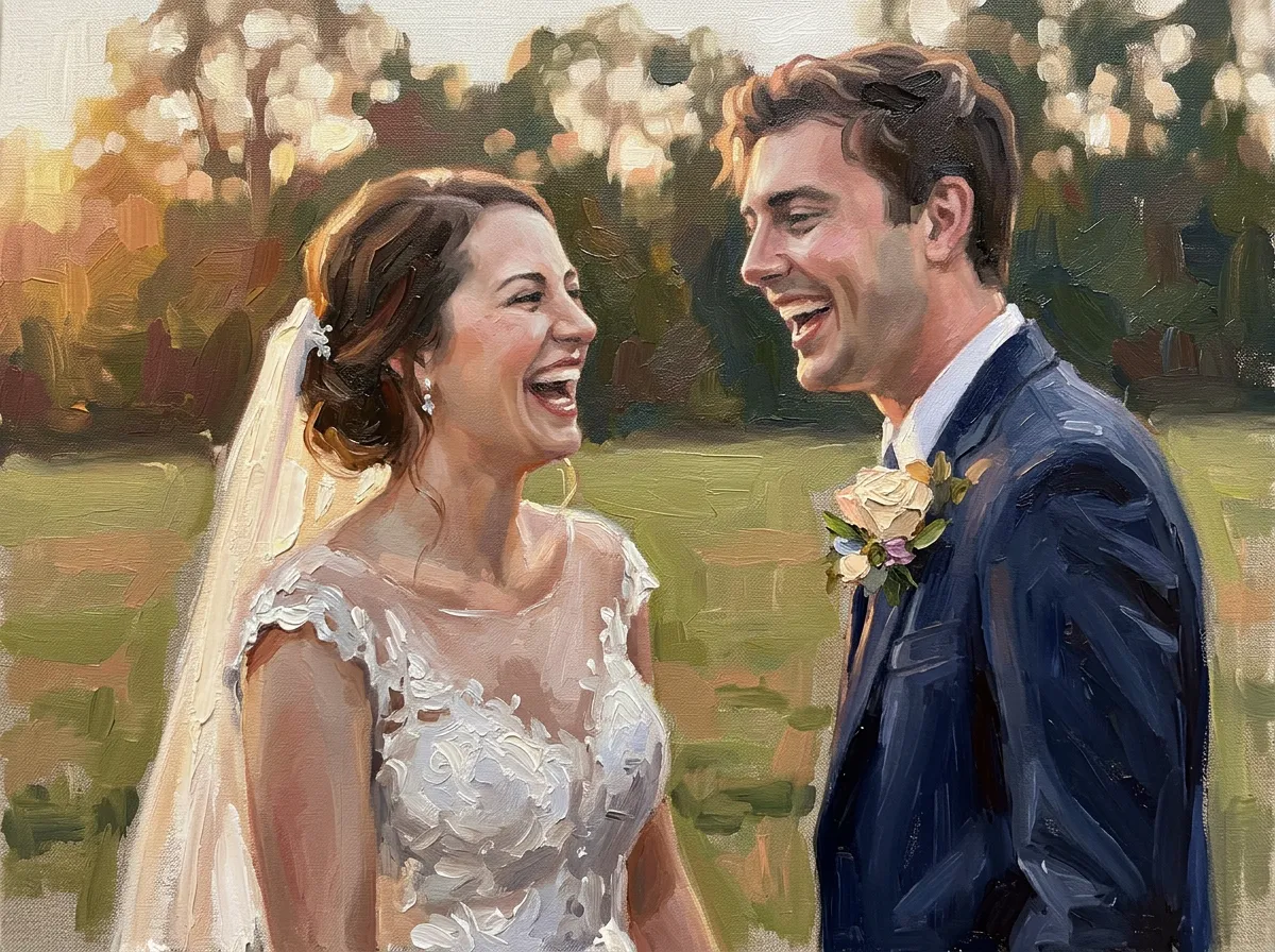 Bride and groom laughing – painting