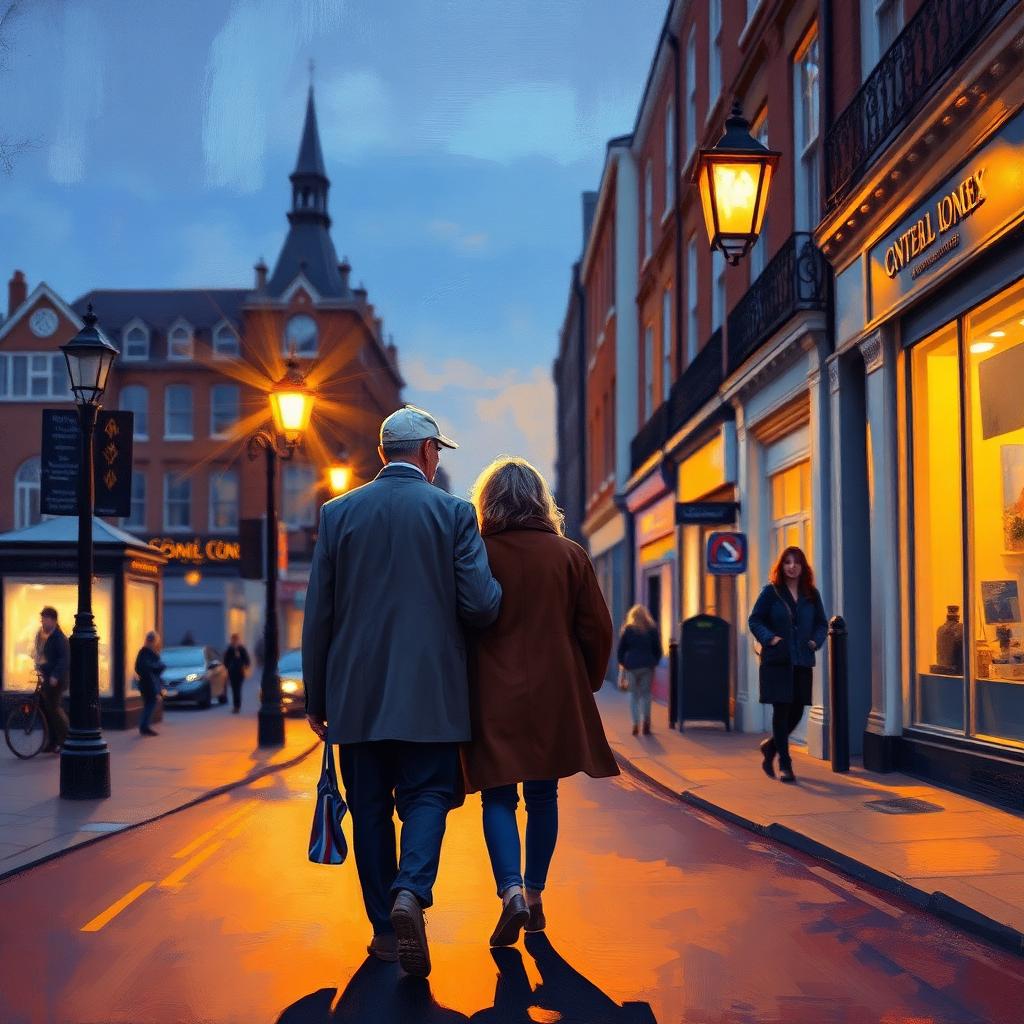 A father and grown-up child walking home through London at dusk.