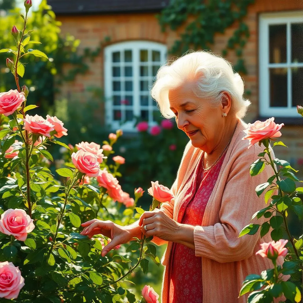 A memorial portrait of a grandmother amongst the roses she loved.