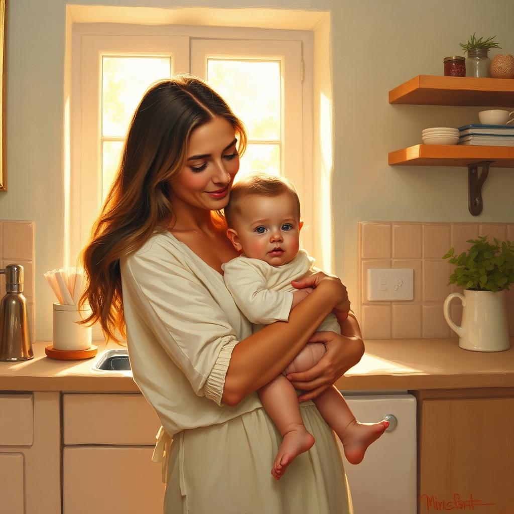 A mother and her child in the morning kitchen — painted from a single phone photo.