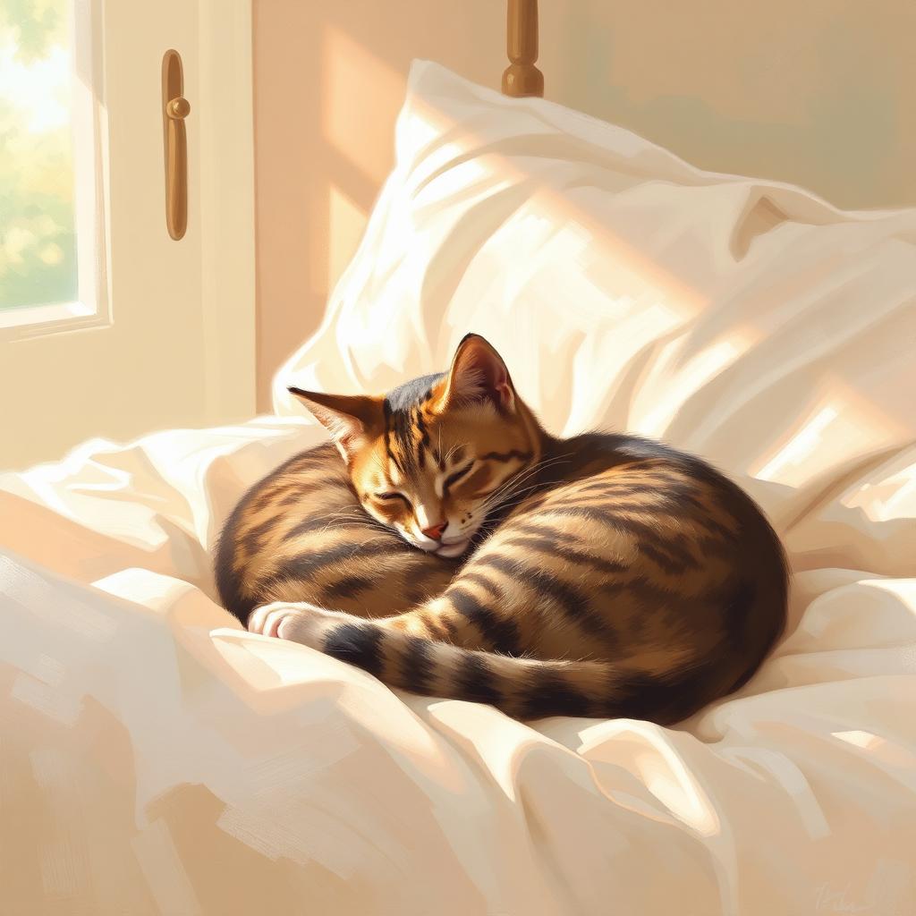 A childhood cat curled up in the sunlight, painted from a single photo.