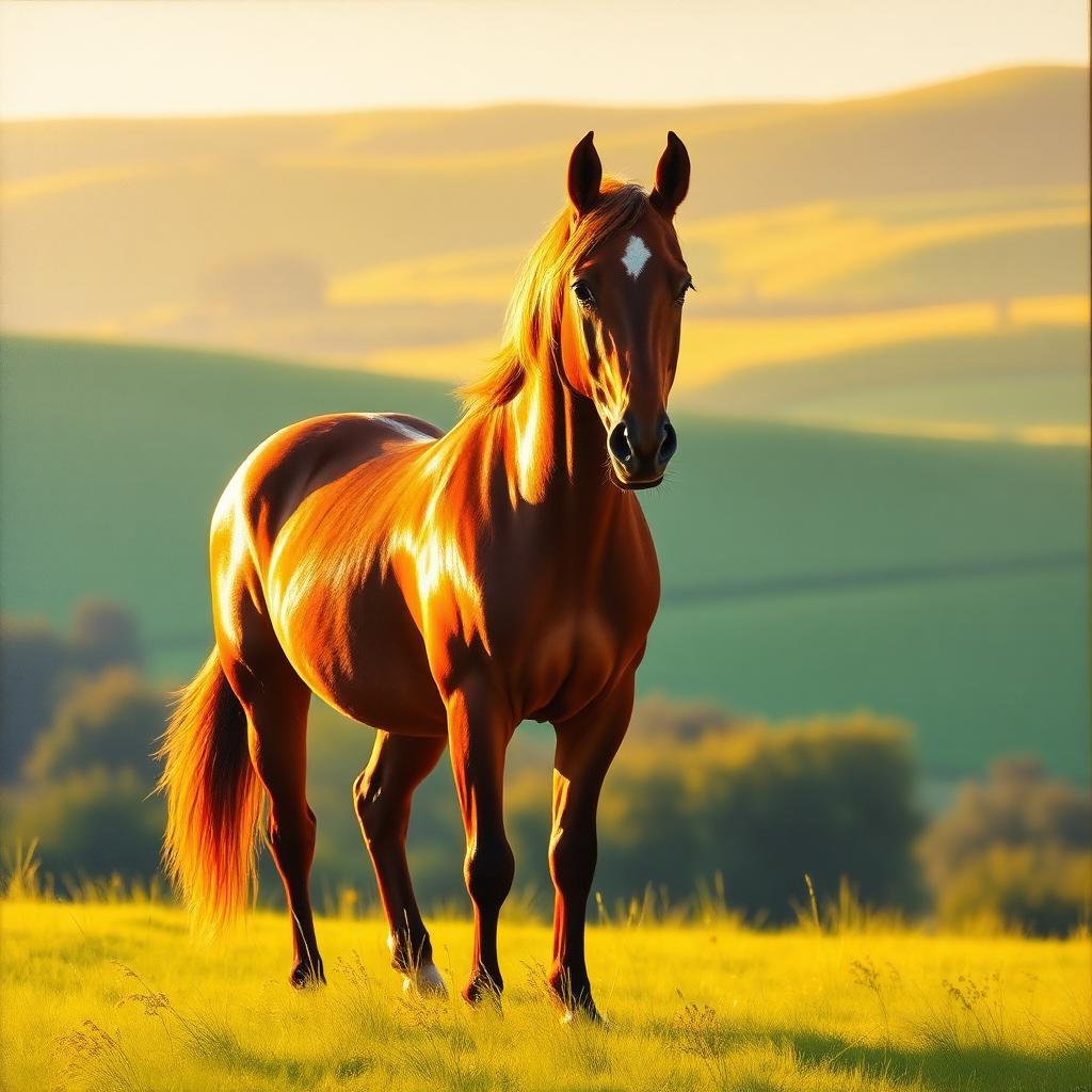 A memorial portrait of a beloved horse, standing in the meadow forever.
