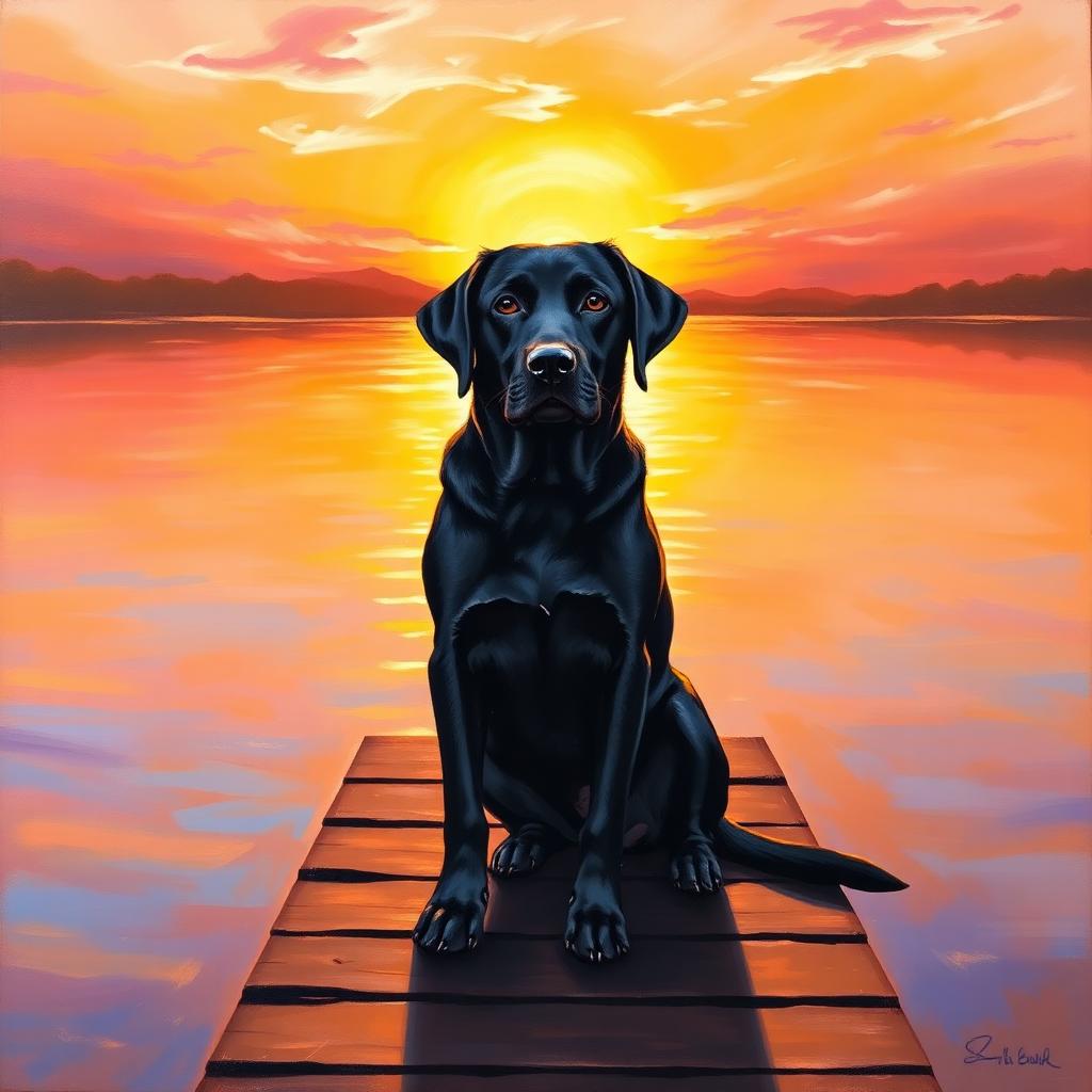 A black Labrador on the jetty at golden hour — a moment painted to keep.