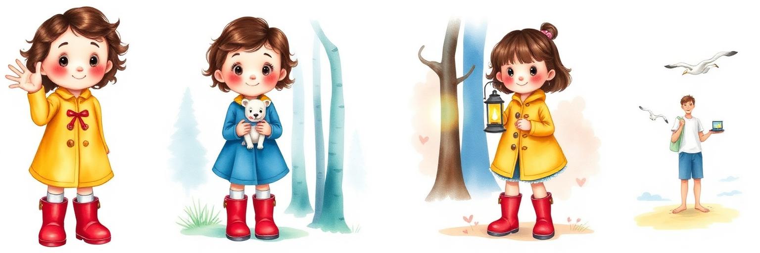 The same little girl character shown across four different scenes, demonstrating consistent appearance