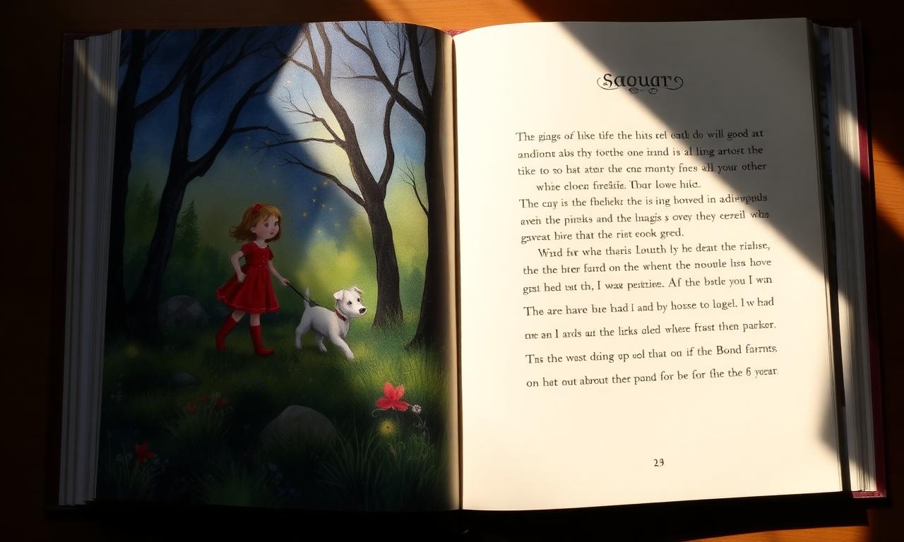 Example open storybook spread: painted illustration on the left, polished prose on the right